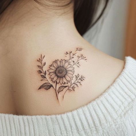 Sunflower Foot Tattoos, Small Sunflower Tattoo, Sunflower Vector, Watercolor Tattoo Ideas, Back Of Arm Tattoo, Meaningful Symbols, Tattoo Vector, Small Sunflower, Spine Tattoos For Women