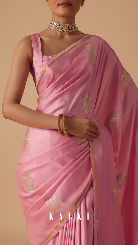 Embrace your individualistic ethnic style by donning this stunning banarasi saree. Fashioned on a luxe silk base, the light pink hue and woven motifs, turn this handloom addition into an abosolute delight. Ideal for pre-wedding and festive ceremonies, this saree comes paired with an unstitched blouse piece. Pink Banarasi Silk Saree, Kalki Fashion, Indian Designer Suits, Bengali Wedding, Desi Aesthetic, Banarasi Silk Saree, Karma Quotes, Banarasi Saree, Saree Look