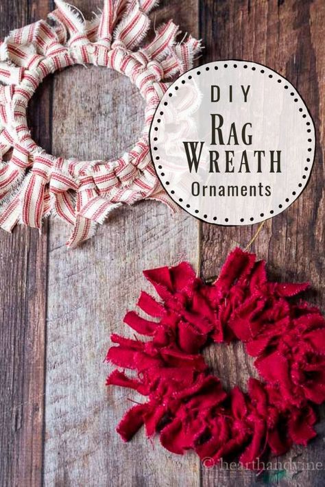 Mini Rag Wreath Ornaments, Embroidery Hoop Wreath Diy, Mini Rag Wreath, Rag Wreaths, Kid Diy, Hanging Crafts, Easy Ornaments, December Crafts, Scraps Of Fabric