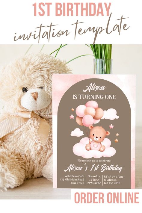 Pink and brown, arch, cute teddy bear with balloons 1st birthday party invitation template Teddy Bear With Balloons, Teddy Bear Birthday Party, Bear With Balloons, 1st Birthday Invitation Template, Teddy Bear Baby Shower Invitations, Star Birthday Party, Teddy Bear Party, Teddy Bear Birthday, 1st Birthday Party Invitations