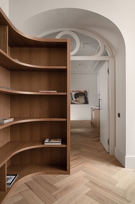 Curved Shelving Unit, Curved Bookshelf Wall, High Ceiling Shelves, Curved Bookshelves, Curved Millwork, Living Room Joinery, Curved Shelving, Curved Bookcase, Curved Shelves