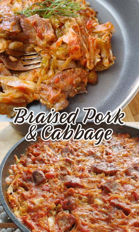 A rustic recipe with cabbage and pork braised in tomato broth leaving everything buttery tender with caramelized and crispy bits on top. Recipe With Cabbage, Pork Pieces, Pork Cabbage, Braised Pork Chops, Braised Cabbage, Pork And Cabbage, Rustic Recipes, Roasted Cabbage, Tomato Broth