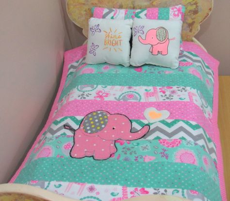 Bright Pillow, Doll Bedding, Bright Pillows, Doll Quilts, Striped Quilt, Doll Beds, Doll Quilt, Cute Elephant, Quilt Set