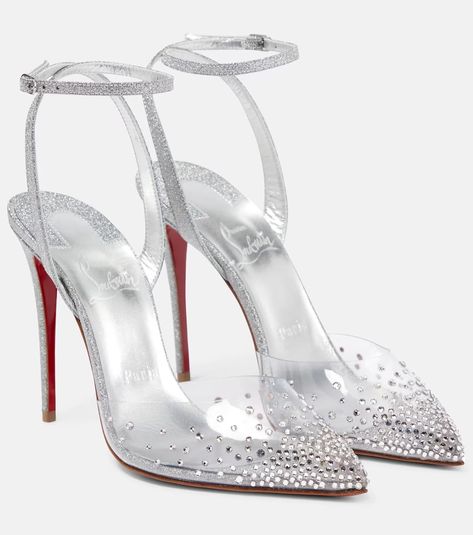 Spikaqueen embellished PVC pumps in silver - Christian Louboutin | Mytheresa White Louboutin, Christian Louboutin Shoes Pumps, Red Stiletto Heels, Diamond Heels, Red Bottom Heels, Red Stilettos, Crystal Heels, Red Louboutin, Silver Pumps