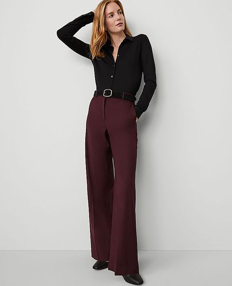 The perfect wide-leg pant in wool blend stretch. Front zip with double hook-and-bar closure. Belt loops. Front off-seam pockets. Back besom pockets.,Leg Shape:Leg Shape: Wide Leg – a modern must-have with a statement leg and flattering high waist,Rise:High rise: sits 1/2" to 1" below natural waist,Imported:Imported,Fit:Fit: Tailored & fitted,Length:Full length: 32 1/2" inseam with 25" leg opening,Fabrication:Shell: 67% Polyester, 23% Rayon, 7% Wool, 3% Spandex; Lining: 100% Polyester,Garment Car Petite Office Wear, Womens Cocktail Attire Pants, Buissness Clothes Professional, Ann Taylor Outfits 2024, Executive Fashion Women, Fall Smart Casual Women, Classic Business Casual Women, Women’s Work Fashion, Business Fashion Women's