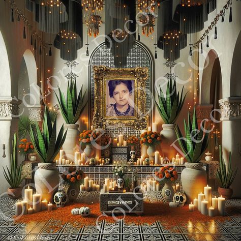 🕯️♥️Would you like to HONOR your LOVED ONES IN AN “Altar” as this one & SHARE with friends & family? (My Beautiful Grandmother Velia 🥰♥️) Purchase our founders @gilherrera digital renderings of “Dia de Muertos” altar: A total of 4 different Altar Renderings for $4.99 EXCLUSIVELY at CoLoresDecor.com *How To VIDEO & Instructions for adding your loved ones picture will be included with purchase (VERY EASY!🥰) (DISCLOSURE: WATERMARK WILL BE GONE WHEN YOU PURCHASE AND ITEMS EMAILED FOR PERSONAL... Dia De Los Muertos Crafts Ideas, Dia De Los Muertos Decorations Ideas, Home Decor Copper, Hacienda Wedding, Digital Rendering, Statement Chandeliers, Handmade Hair Clip, Día De Muertos, Copper Art