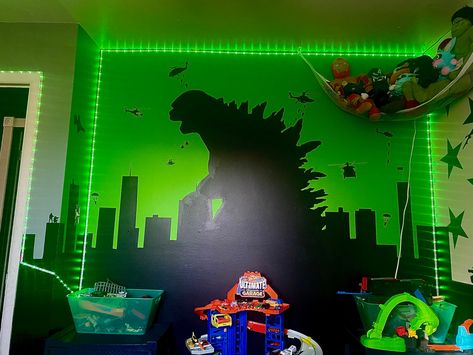 Godzilla room mural Godzilla Bedroom Ideas, Godzilla Themed Bedroom, Godzilla Room Ideas, Monster Jam Room Ideas, Boys Godzilla Bedroom, Godzilla Bedroom, Godzilla Room, Monster Jam Room Decor, Godzilla Mural