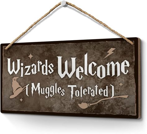 Wizardry Welcome Sign:Rustic sign reads “Wizards Welcome Muggles Tolerated ”.Funny welcome sign for home decor,front door porch kids room. Harry Potter Welcome Sign, Wizards Welcome Muggles Tolerated, Harry Potter Signs, Welcome To Hogwarts, Magic Christmas, Harry Potter Decor, Door Porch, Harry Potter Party, Rustic Signs