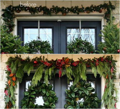 Craftberry Bush | A Garland Hack and How to Make and Hang Window Christmas Swag | http://www.craftberrybush.com Outdoor Christmas Garland, Diy Christmas Window, Porch Garland, Window Garland, Outdoor Garland, Window Christmas, Christmas Lights Garland, Diy Christmas Garland, Front Door Christmas Decorations