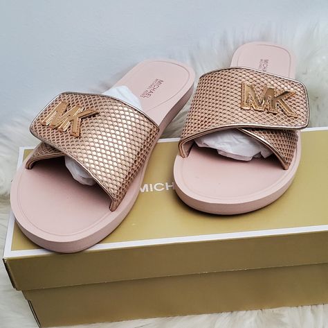 Michael Kors Slide Rosegold And Ballet Net Mesh Cross-Posted Michael Kors Trainers, Michael Kors Slides, Michael Kors Flats, Michael Kors Sneakers, Michael Kors Sandals, Pretty Sandals, Wooden Sandals, Michael Kors Satchel, Cork Sandals