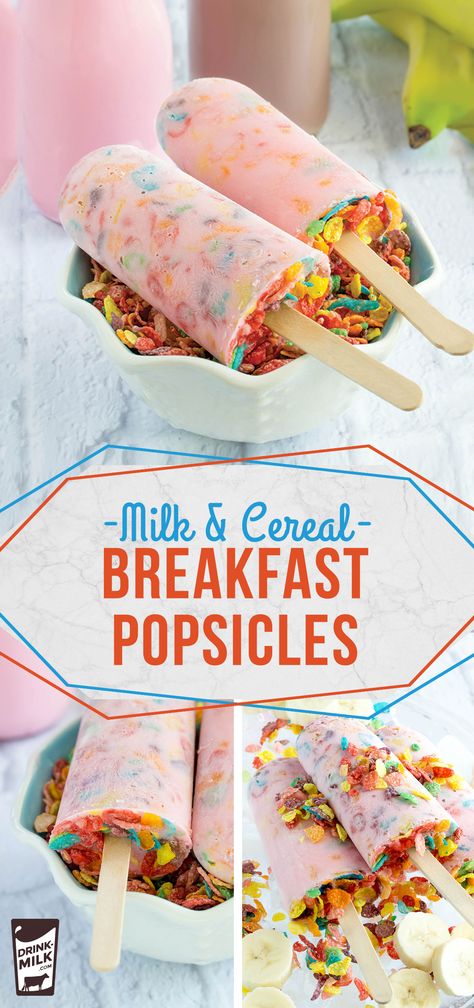 Milk and Cereal Breakfast Pops made with strawberry milk Milk And Cereal, Breakfast Popsicles, Milk Cereal, Cereal Breakfast, Popsicle Recipes, Cereal Recipes, Strawberry Milk, Breakfast Cereal, Breakfast For Kids