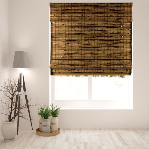 Arlo Blinds Cordless Lift Java Deep Bamboo Shades with 74 Inch Height (36 inch width x 74 inch height), Multicolor(Wood) Roman Shades With Valance, Shades With Valance, Bamboo Roman Shades, Cordless Blinds, Horizontal Blinds, Bamboo Decor, Bamboo Blinds, Bamboo Material, Bamboo Shades