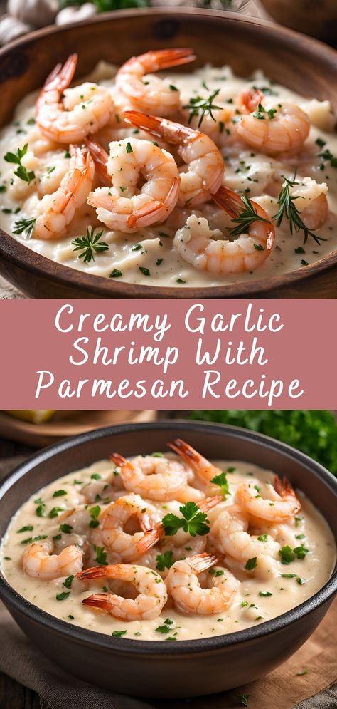 Creamy Garlic Shrimp With Parmesan Recipe | Cheff Recipes Shrimp Cream Sauce, Creamy Garlic Shrimp Recipe, Creamy Garlic Shrimp, Garlic Parmesan Shrimp, Parmesan Shrimp, Shrimp Parmesan, Creamy Parmesan Sauce, Lemon Garlic Shrimp, Parmesan Recipe