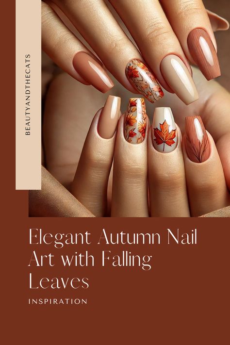 Celebrate the beauty of autumn with these stunning beige nails featuring intricate designs of falling leaves. This look is perfect for embracing the season with style and grace. Whether for a cozy day out or an autumn-inspired event, this nail art will add a touch of fall charm to your look. #AutumnNails #FallNails #BeigeNails #LeafNailArt #CozyVibes Autumn Nails Leaves, Nails Leaves, Autumn Nail Designs, Autumn Nail Art, Autumn Nail, Cozy Day, Beige Nails, Autumn Inspired, Falling Leaves