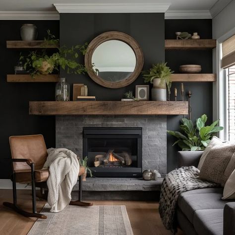 Reclaimed Wood Mantle - Etsy Mantle Above Electric Fireplace, Fireplace With Bulkhead Above, Low Ceiling Living Room Fireplace, Fake Wood Mantle, Grey And Black Fireplace, Dark Great Room, Living Room Design Without Fireplace, Fireplace Built In Shelves With Tv, Mantle Wider Than Fireplace