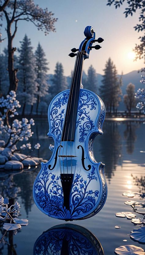 porcelain violin at a beautiful lake - AI creation Aesthetic Violin, November Images, Dp Wallpaper, Art Of Noise, Beautiful Butterfly Pictures, Cute Headers, Magic Design, Canvas Painting Designs, Music Pictures