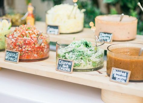 Taco Bars are the New Wedding Food Trend - PureWow Taco Bar Wedding, Wedding Food Bars, Wedding Food Display, Cocktail Hour Food, Wedding Food Stations, Wedding Food Drink, Cocktail Hour Wedding, Reception Food, Wedding Reception Food