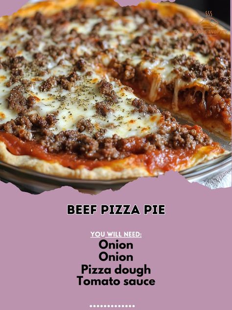 🍕🍖 Savor the comfort of Beef Pizza Pie – a savory, cheesy pie loaded with beef and toppings that everyone will love! 🍕❤️ #BeefPizzaPie #ComfortFood Beef Pizza Pie Ingredients: Pizza dough (1 lb) Ground beef (1 lb) Onion (1, chopped) Tomato sauce (1 cup) Mozzarella cheese (1 cup, shredded) Parmesan cheese (1/2 cup, shredded) Italian seasoning (1 tsp) Salt (to taste) Black pepper (to taste) Instructions: Preheat oven to 400°F (200°C). Roll out the pizza dough into a pie dish. Cook ground be... Beef Pizza, Onion Pizza, Supreme Pizza, Pizza Pie, Chopped Tomatoes, Parmesan Cheese, Pizza Dough, Italian Seasoning, Mozzarella Cheese