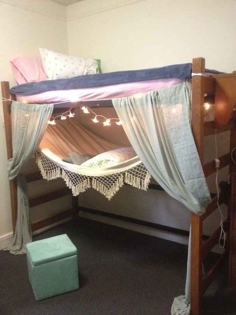 Make a lofted bed fort-like with starry lights and a tied-on curtain. | 37 Ingenious Ways To Make Your Dorm Room Feel Like Home Bed Fort, Diy Dorm, Loft Bed Plans, Dorm Sweet Dorm, Dorm Diy, Dorm Room Diy, Dorm Room Designs, Dorm Room Organization, Dorm Room Inspiration