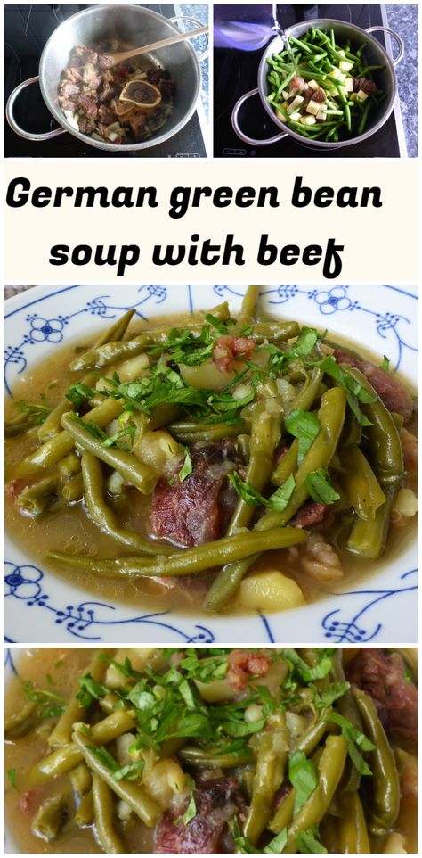 Easy to follow and extremely delicious classic German green bean soup with beef and potatoes recipe made in no time. #glutenfree #comfortfood #paleo #germanrecipes #grünebohnen #stews #suppe #eintopf Green Bean Soup, Paleo Beef Stew, Soup With Beef, Green Beans Soup, Bisque Soup Recipes, Bean And Bacon Soup, Bisque Soup, Potato Gravy, Bacon Soup