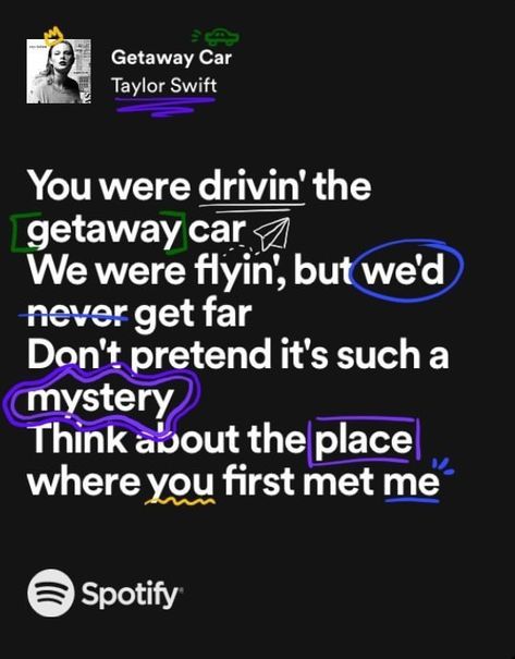 Spotify Lyrics Doodle, Getaway Car Lyrics, Lyrics Doodle, Swag Hairstyles, Taylor Swift Spotify, Lyrics Taylor Swift, Taylor Swift Song Lyrics, Taylor Lyrics, Spotify Lyrics