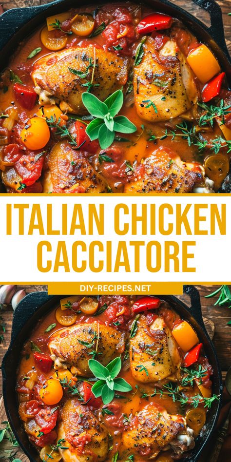 Whip up this Italian Chicken Cacciatore with tender chicken thighs and a medley of fresh vegetables. Chicken Ciatorre, Chicken Cacciatore With Potatoes, Authentic Chicken Cacciatore, One Pot Chicken Thigh Meals, Boneless Chicken Cacciatore Recipe, Chicken Thigh Recipes With Vegetables, Chicken Cattitore Recipes Easy, Chicken Cachetori Recipe, Chicken Thigh Recipes Italian