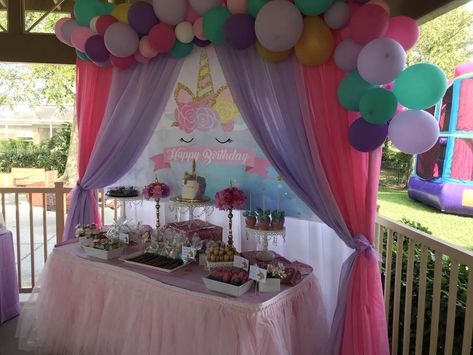 Aria's Unicorn 4th Birthday party | CatchMyParty.com Birthday Decorations At Park, Pavillion Birthday Party Ideas, Pavillion Birthday Party, Unicorn Photography, Unicorns Birthday Party, Handmade Cards For Friends, Pavillion Wedding, Peppa Party, Birthday Party At Park