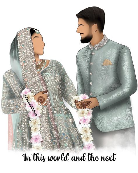 Tahmina A on Instagram: “Thank you to those who have entered my giveaway so far ☺️ Here’s an illustration I did a while ago, the original drawing had different…” Engagement Card Design, Simple Wedding Invitation Card, Bride Cartoon, Groom Cartoon, Wedding Illustration Card, Couple Illustration Wedding, Bride And Groom Cartoon, Faceless Portraits, Wedding Couple Cartoon