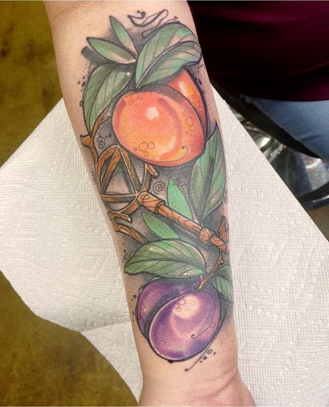 Peaches And Plums Tattoo, Peach And Plum Tattoo, Peaches And Plums Magicians Tattoo, Fillory The Magicians Tattoo, The Magicians Tattoo, Magicians Tattoo, Plum Tattoo, Peaches And Plums, Anniversary Tattoo