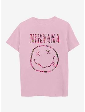 Nirvana Floral Smile Logo Boyfriend Fit Girls T-Shirt, Nirvana Tee, Smile Logo, Polo Shirt Girl, Tie Dye Girl, Preppy Shirt, Pop Culture Shirts, Tall Hoodies, Pastel Fashion, Plus Size Swim