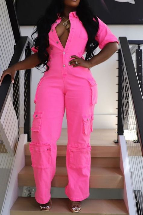 Plus Size Casual Jumpsuit Light Blue Denim Strapless Cargo Jumpsuit With Pocket Pink Outfit Plus Size, Pink Denim Outfit, Rainbow Dresses, Purple Sequin Dress, Summer Tips, Jumpsuit Pink, Cargo Jumpsuit, Overalls Fashion, Jumpsuit With Pockets