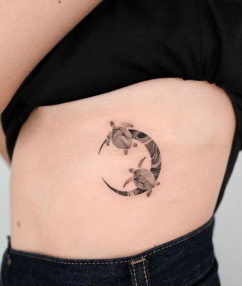 Beautiful Turtle Tattoos, Elegant Turtle Tattoo, Sea Turtle Tattoo Realistic Black And Grey, Turtle Moon Tattoo, Ankle Tattoo Turtle, Sea Turtle Couple Tattoo, Wave Turtle Tattoo, 2 Turtles Tattoo, Unique Turtle Tattoos