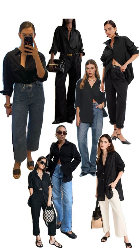 How to wear an oversized black button up Outfit With Black Button Up Shirt, Oversize Black Button Up Shirt Outfit, Black Oversized Button Up, How To Wear A Black Button Up Shirt, Black Oversize Shirt Outfit, Long Black Button Up Shirt Outfit, Long Sleeve Black Button Up Shirt Outfit, Black Button Up And Jeans, Black Boyfriend Shirt Outfit