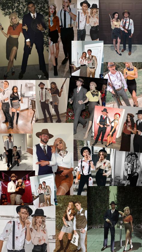 A collage of couples dressed in various Bonnie and Clyde-inspired costumes, featuring vintage clothing, fedoras, suspenders, guns, and money bags, creating a mix of classic gangster and modern stylish looks. Bonnie And Clyde Costume, Partner Halloween Costumes, Gangster Costumes, Gangster Style, Bonnie And Clyde, Couples Costume, Rock Vintage, Bonnie Clyde, Bonnie N Clyde