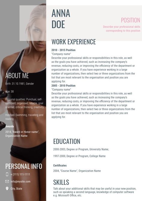 Fitness trainer resume sample, made on Wilda Personal Trainer Resume, Personal Trainer Business, One Page Resume, Muscle Anatomy, Pilates Instructor, Resume Design Template, Resume Sample, Fitness Instructor, Dream City