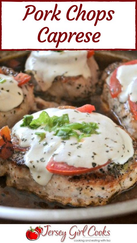 Pork Chops Caprese pin Oven Roasted Pork Chops, Basil Pork, Caprese Recipe, Pan Seared Pork Chops, Skillet Pork Chops, Knot Hairstyles, Pork Roast In Oven, Caprese Recipes, Seared Pork Chops