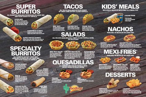 Taco Time Taco Menu, Mexican Food Menu, Tacos Menu, Types Of Tacos, Taco Restaurant, Mexican Menu, Veggie Tacos, Meal Planning Menus, Taco Time