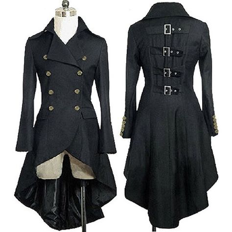 Black Victorian Gothic Fashion Dress/ Unisex Trench Coat (L) ❤ liked on Polyvore featuring outerwear, coats, goth trench coat, victorian coat, goth coat, gothic trench coats and victorian trench coat Styl Goth, Moda Steampunk, Mode Steampunk, Steampunk Costume, Gothic Steampunk, Steampunk Clothing, Gothic Outfits, Gothic Style, Gothic Jewelry