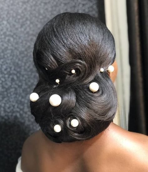 Romantic Black Bridal Low Updo Bridal Low Updo, Low Bridal Updo, Dreadlocks Updo, Updo Hairstyles For Black Women, Black Women Updo Hairstyles, Black Hair Bun, Faux Hawk Braid, Latest Hair Braids, Pompadour Style