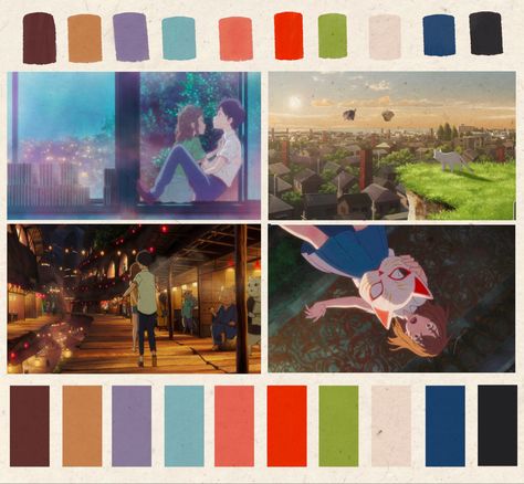 Vibrant bright spring summer palette for the anime film A Whisker Away #cats #anime #color #colour #colorpallete #japan #animation #animated #cinematography 90s Anime Color Palette, Studio Ghibli Color Palette, Anime Color Palette, Howl's Moving Castle Scenes, Japan Animation, Neighbour Totoro, Cats Anime, Movie Color Palette, Bright Color Schemes