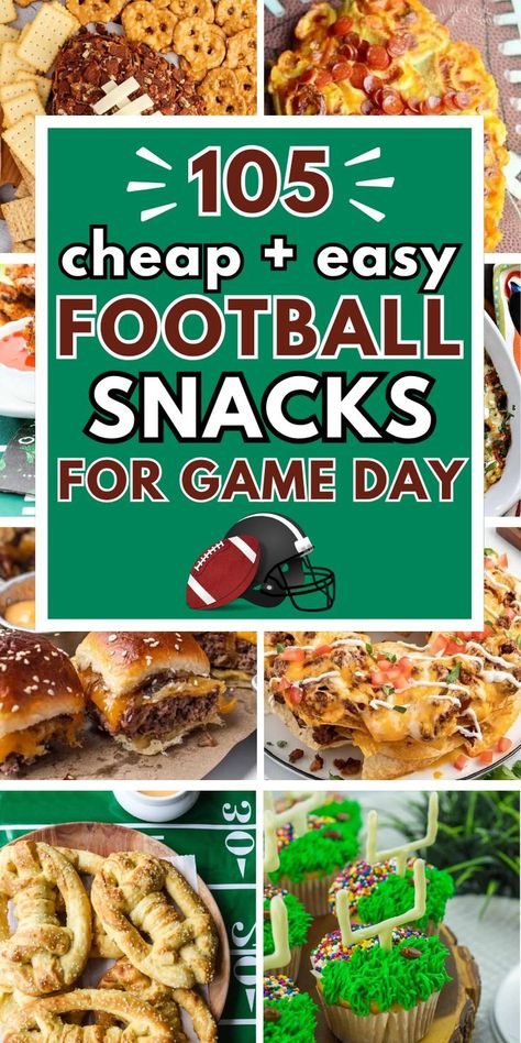 Easy football snacks and game day appetizers that feed a crowd cheap, including tailgate finger foods and crockpot dips for simple football game food ideas and superbowl snacks. Simple Football Snacks, Football Birthday Snack Ideas, Easy Appetizers Football Game, Easy Sunday Football Snacks, Sides For Game Day, Easy Finger Foods For Football Party, Game Day Eats Football Food, Recipes For Football Parties, Appetizer Football Party