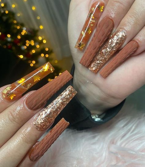 Chocolate Brown Nails With Rhinestones, Fall Sweater Nails Acrylic, Fall Nails Sweater Design, Sweater Nails Fall, Fall Sweater Nails, Almond Acrylic Nails Designs, Gel Toe Nails, Red Acrylic Nails, Nail Room