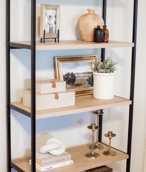 How To Style A Shelf Bedroom, Shelf Items Ideas, Transitional Shelf Styling, How To Style Glass Shelves, Studio Mcgee Decor Ideas, Target Style Home, Target Shelf Decor, How To Style A Ladder Shelf, Studio Mcgee Shelf Styling