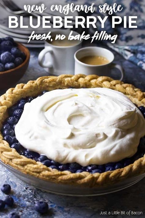 Learn how to make the best Cape Cod style homemade blueberry pie! This one crust pie is no bake, SO easy, and bursting with fresh berries. | justalittlebitofbacon.com #dessertrecipes #pierecipes #blueberryrecipes #blueberries #blueberrypie #pie #dessert Easy Flaky Pie Crust Recipe, Easy Flaky Pie Crust, Pie Blueberry, Fresh Blueberry Pie, Blueberry Pie Recipe, Homemade Blueberry Pie, Mixed Berry Pie, Flaky Pie Crust Recipe, Berry Pie