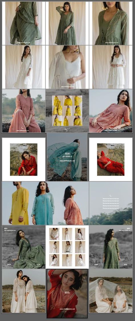 Instagram Grid Ideas Fashion, Fashion Page Layout Design Instagram, Clothing Grid Instagram, Instagram Grid Ideas For Clothing Brand, Post Grid Instagram, Instagram Grid For Clothing Brand, Fashion Grid Instagram, Indian Aesthetic Instagram Feed, Clothing Store Instagram Feed Ideas