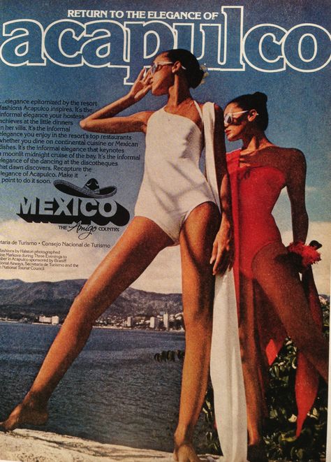 Seventies advertising for Mexico Acapulco Wedding, Picnic Moodboard, Swim Editorial, Tourism Ads, Yacht Fashion, Ap Drawing, 1970's Fashion, Travel Ads, Slim Aarons