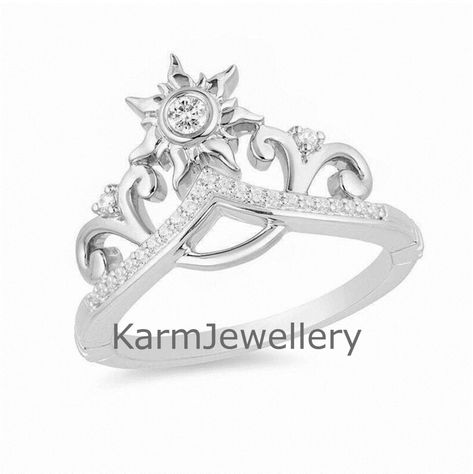 Enchanted Rapunzel Tiara Round Cut CZ OR Moissanite Solitaire With Accent Ring, Handmade Jewellery, Christmas Gift Ring, Sun Tiara Band Ring by KarmJewellery on Etsy Sun Tiara, Rapunzel Tiara, Matching Wedding Bands, Gift Ring, Wedding Matches, Dream Jewelry, Handmade Jewellery, Fine Jewellery, Cz Stone