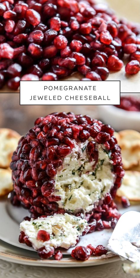 Pomegranate seeds are beautiful to look at and yummy to eat, with tons of healthy antioxidants. This savory Pomegranate Jeweled Cheeseball highlights the rich color and incredible flavor of this yummy fruit. Enjoy the contrast of sharp cheddar cheese, toasted almonds, and savory sage with the sweetness of the pomegranate. Your guests will be impressed by this easy appetizer. Baking With Pomegranate Seeds, Uni Recipes, Cheeseball Recipe, Farm Dinner, Tartiflette Recipe, Pomegranate Decor, Yummy Fruit, Pomegranate Recipes, Fruits Decoration