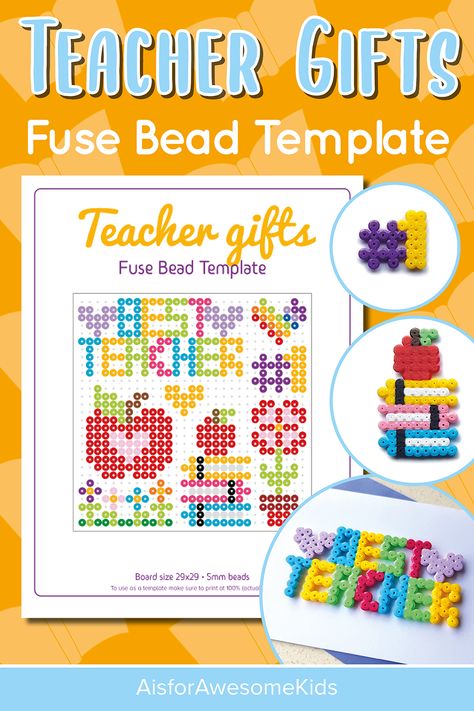 A printable PDF template with teacher gift idea designs to make out of fuse beads (Hama/Perler/Nabbi/Pyssla beads). Sized perfectly to fit under a square peg board so that the design can be made by working on top of the template. This is a perfect set for a Christmas present for your teacher, a leaving gift for the end of term or end of year at summer break, or just to say thank you. Designs include: Text saying Best Teacher, a #1 sign, an apple, a pile of school books, flowers and hearts. Perler Pattern, Pyssla Beads, Books Flowers, Leaving Presents, Flowers And Hearts, Kids Printables, Perler Ideas, Beads Designs, End Of Term