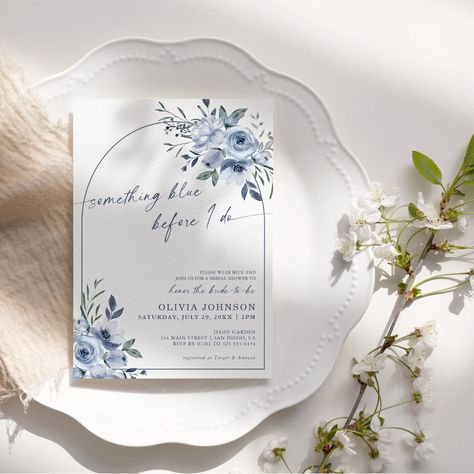 Elegant arch dusty blue bridal shower invitation "something blue before I do" featuring watercolor blue florals and leaves foliage design. Something Blue Invitation, Something Blue Before I Do, Bridal Shower Arch, Arch Invitation, Shower Arch, Floral Calligraphy, Blue Bridal Shower Invitations, Bold Wedding Invitations, Floral Arch Wedding